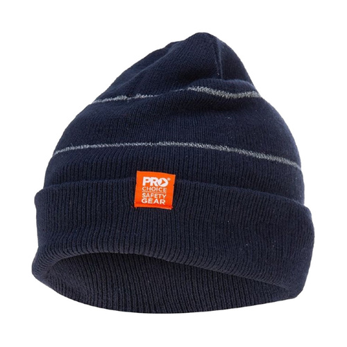 WORKWEAR, SAFETY & CORPORATE CLOTHING SPECIALISTS - Navy Beanie with Retro-Reflective Stripes